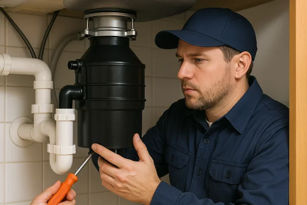 a technician working on a garbage disposal in Leander, TX - Kitchen Plumbing Redesign a technician working on a garbage disposal in Leander, TX - Kitchen Plumbing Redesign