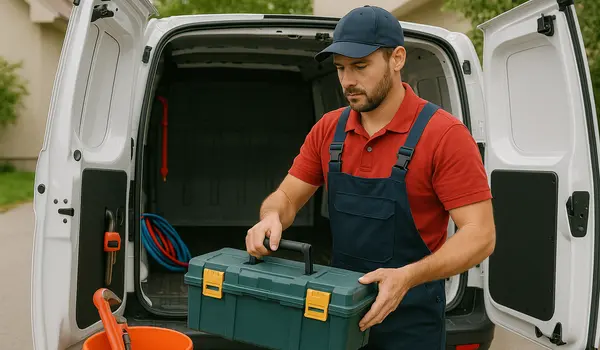 a plumbing technician putting his toolbox back in his van in Leander, TX - Water Leak Detection and Repair Services a plumbing technician putting his toolbox back in his van in Leander, TX - Water Leak Detection and Repair Services