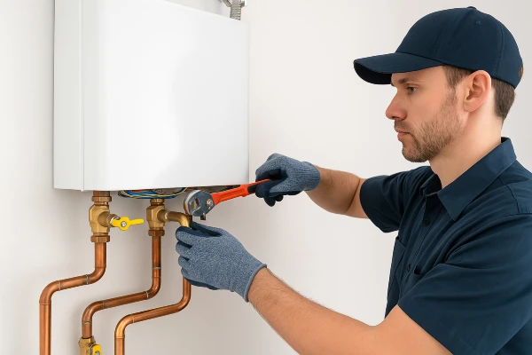 a plumber working on a tankless water heater in Leander, TX - Water Leak Detection and Repair Services a plumber working on a tankless water heater in Leander, TX - Water Leak Detection and Repair Services