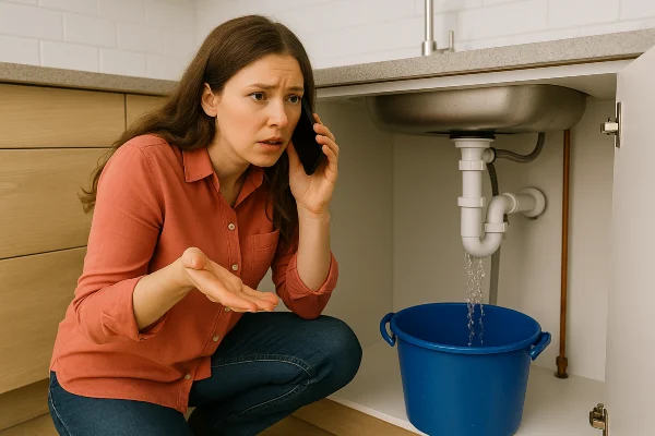 a woman on the phone about a water leak underneath her kitchen sink in Leander, TX - Water Leak Detection and Repair Services a woman on the phone about a water leak underneath her kitchen sink in Leander, TX - Water Leak Detection and Repair Services