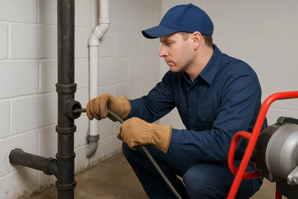 a plumber using a snake to clear a plumbing pipe in Leander, TX - Water Leak Detection and Repair Services a plumber using a snake to clear a plumbing pipe in Leander, TX - Water Leak Detection and Repair Services